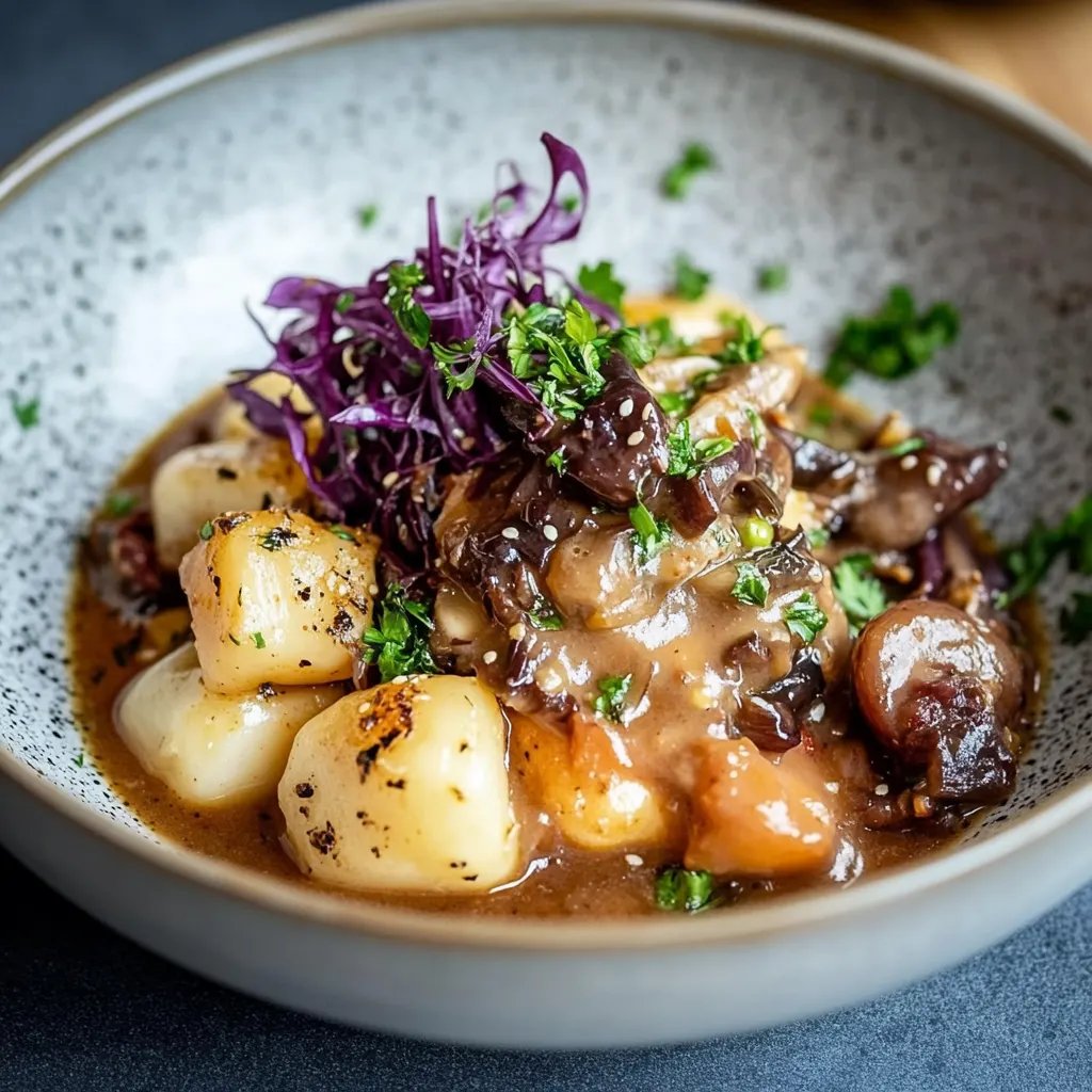 Herzhaftes Pilz-Maronen Ragout mit Ofenknödeln und Rotkraut