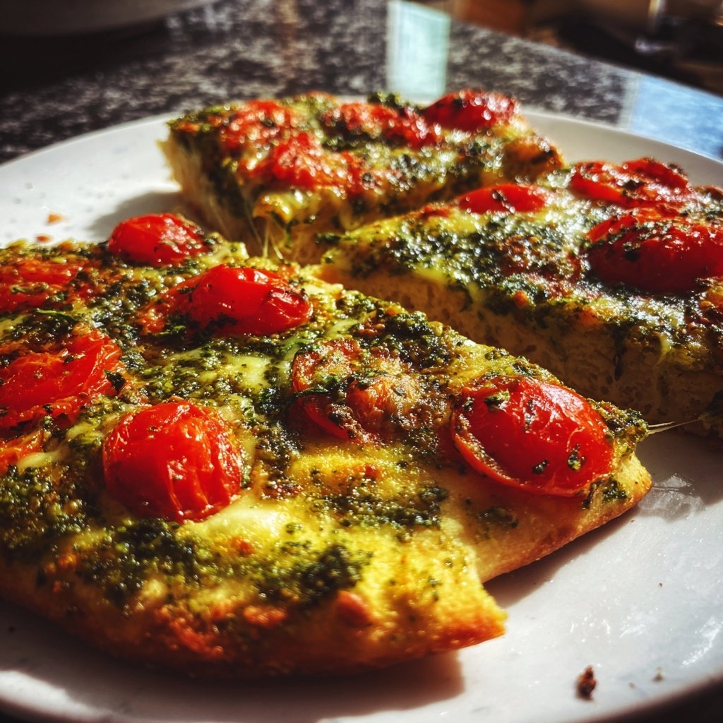 Pizza mit Pesto und Kirschtomaten
